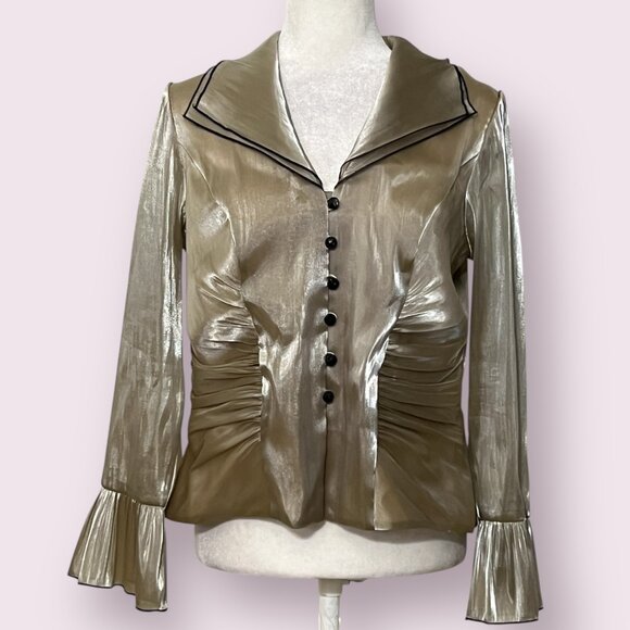 Escape by Joanna Chen Sz 8 Metallic Sheer Button Blouse Ruched Waist Flare Cuff - Picture 1 of 8
